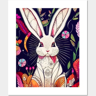 Rabbit on floral background. Posters and Art